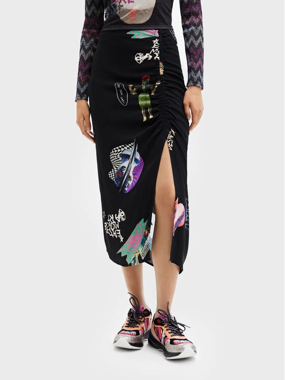 Desigual Γυναίκες Φούστα Midi Collage 22WWFW17 Μαύρο Slim Fit 3 Desigual Γυναίκες Φούστα Midi Collage 22WWFW17 Μαύρο Slim Fit