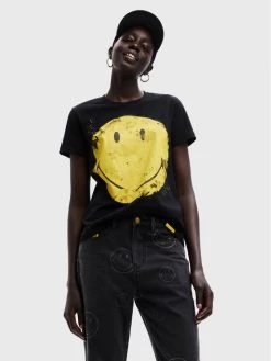 Desigual Γυναίκες T-shirts T-Shirt SMILEY Ria 22WWTKAJ Μαύρο Regular Fit